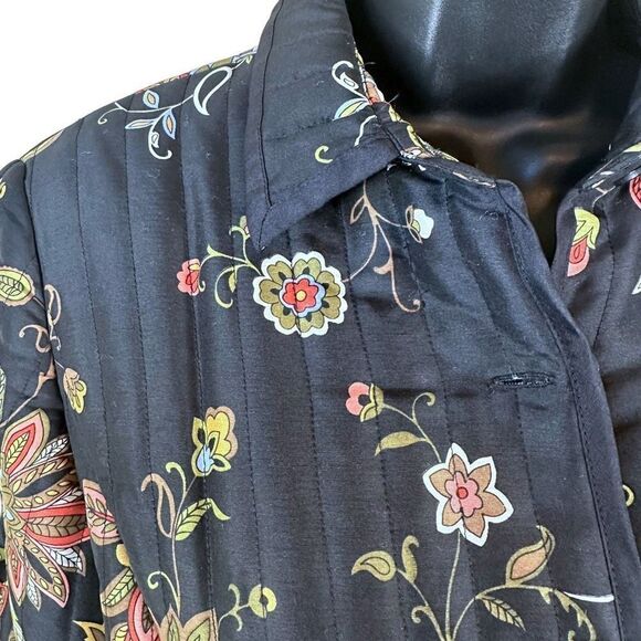 Silkland 100% Black Silk Floral Print Puffer Jacket Women’s Size Petite - Picture 3 of 11